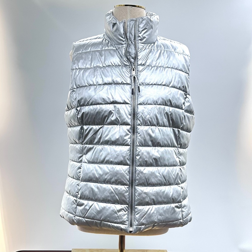 Gap Womens Metallic Silver Puffer Vest Zip‎ Up Stand Collar  Size M